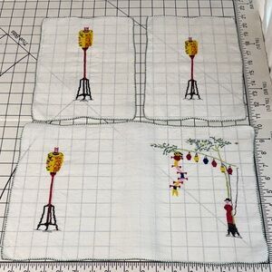 Vintage Embroidered Chinese Lantern Dresser Scarf Set Asian Motif Vanity Scarves